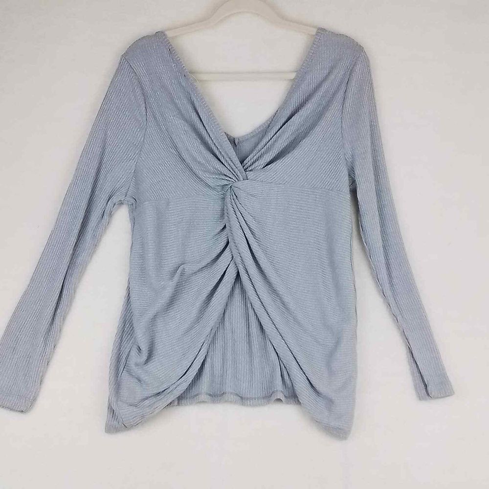 Soncy Ribbed Knit Sweater Sz 12 Gray Oversized Stretchy‎ V Neck Twist Open Back